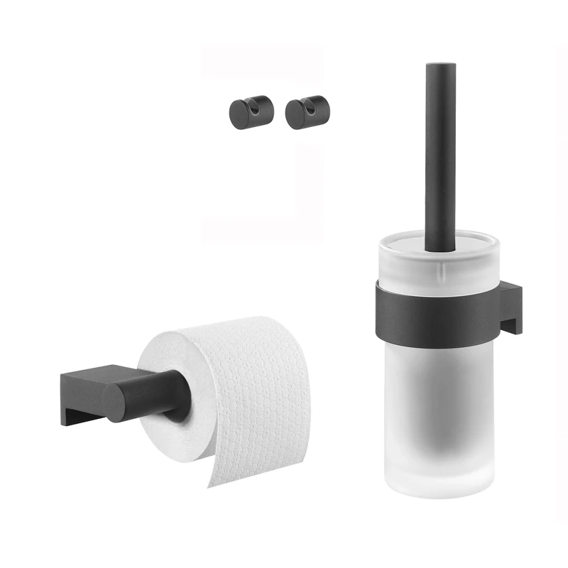 Tiger Bold Toilet accessories set - Toilet brush and holder - Toilet roll holder without cover - Towel hooks - Black