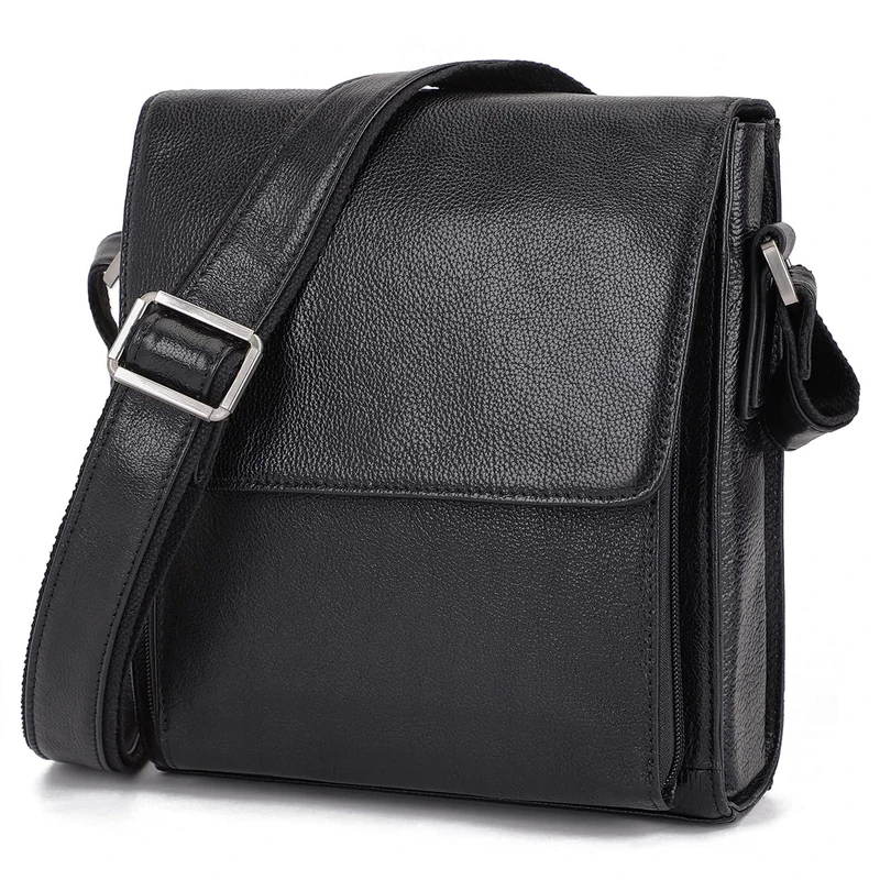 Augus Leather Messenger Shoulder Crossbody Bag for Men Work Business Vintage Magnetic Buckle Big Capacity Adjustable straps, Black,