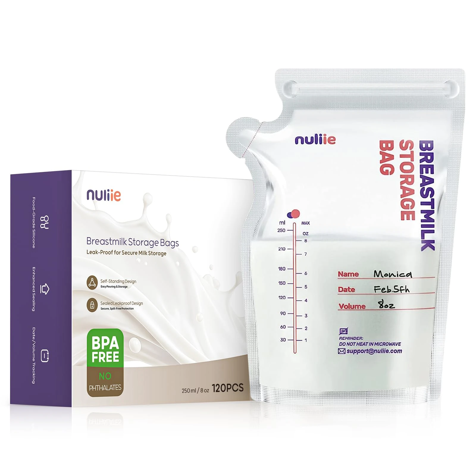 Nuliie 120 Pcs Breast Milk Storage Bags, 250ml BPA Free Milk Storage Bags with Pour Spout for Breastfeeding, Self-Standing or Flat Pre-sterilised Bag, Space Saving for Fridge or Freezer Use