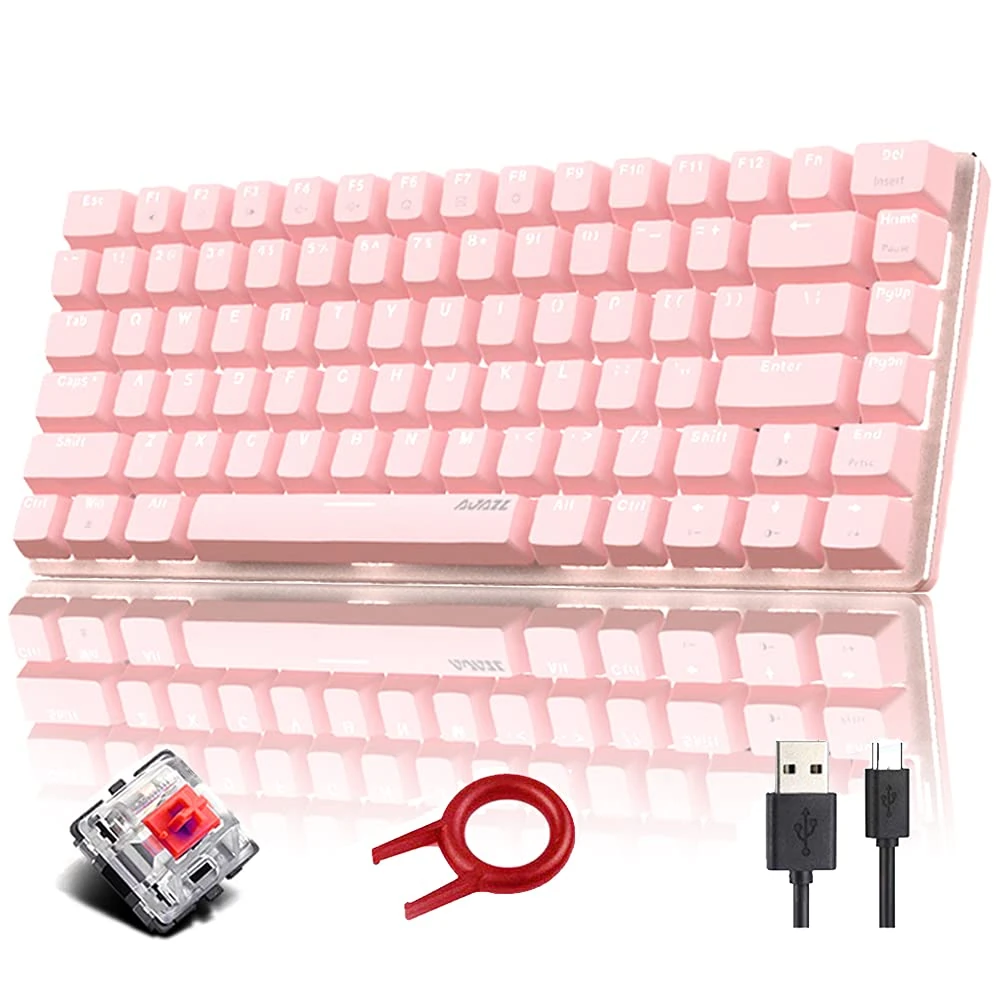 Hoopond Mechanical Keyboard, AK33 8 Kinds of White LED Backlit USB Cable Mini Gaming Keyboard, 82 key Compact Mechanical Keyboard with Anti-ghosting Keys for Gamers & Typists (Red switch, Pink)