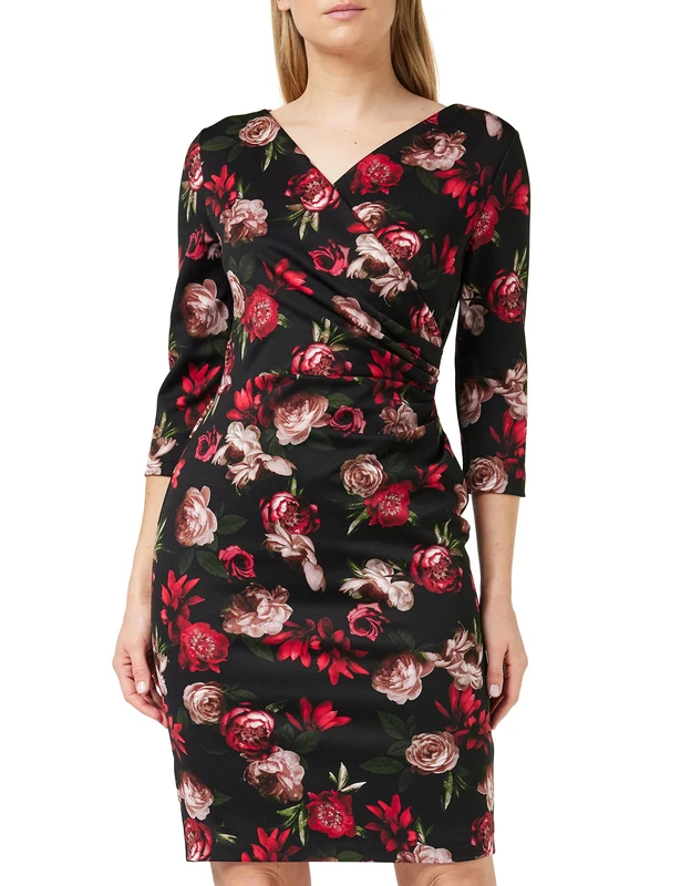 Gina Bacconi Women's Floral Wrap Dress Cocktail, Black/RED, 20