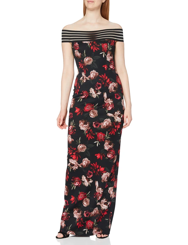 Gina Bacconi Women's Floral Scuba Maxi Dress Cocktail, Black/RED, 10