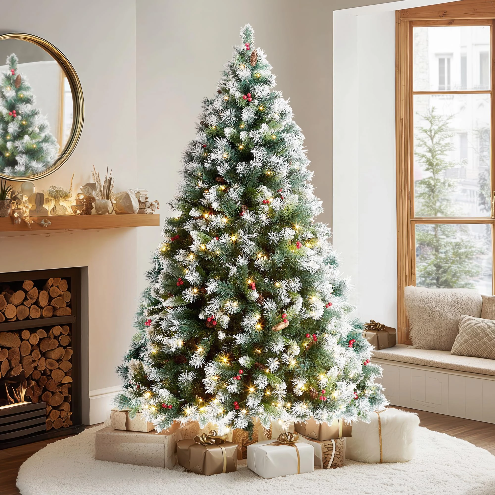 VeryMerry 7FT 'Claudia' Pre-Lit Christmas Tree with 400 Built-In Warm White LED Lights with Auto-Off Timer, 8 Lighting Modes, Decorative Pinecones and Berries…