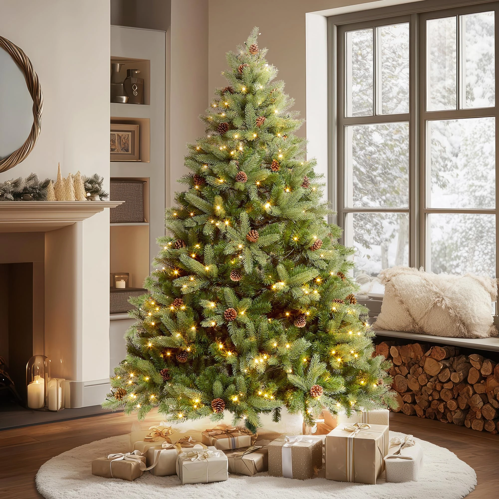 VeryMerry 6FT 'Ascot' Pre-Lit Christmas Tree with 300 Built-In Warm White LED Lights with Auto-Off Timer, 8 Lighting Modes and Real Decorative Pinecones