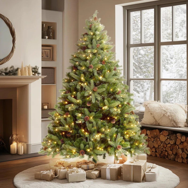 VeryMerry 7FT 'Ascot' Pre-Lit Christmas Tree with 400 Built-In Warm White LED Lights with Auto-Off Timer, 8 Lighting Modes and Real Decorative Pinecones