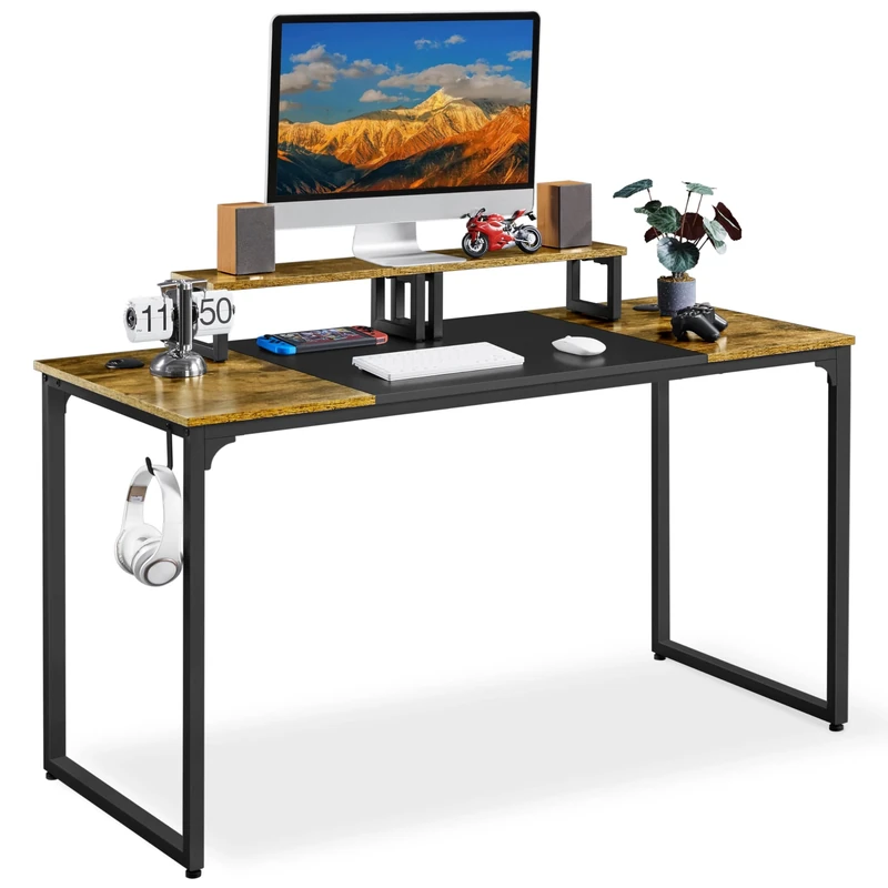Yaheetech Large Computer Desk with Movable Monitor Stand, 2 Desk Grommets and 1 Hook, for Gaming/Writing/Home Office, 140x60x75cm, Rustic Brown