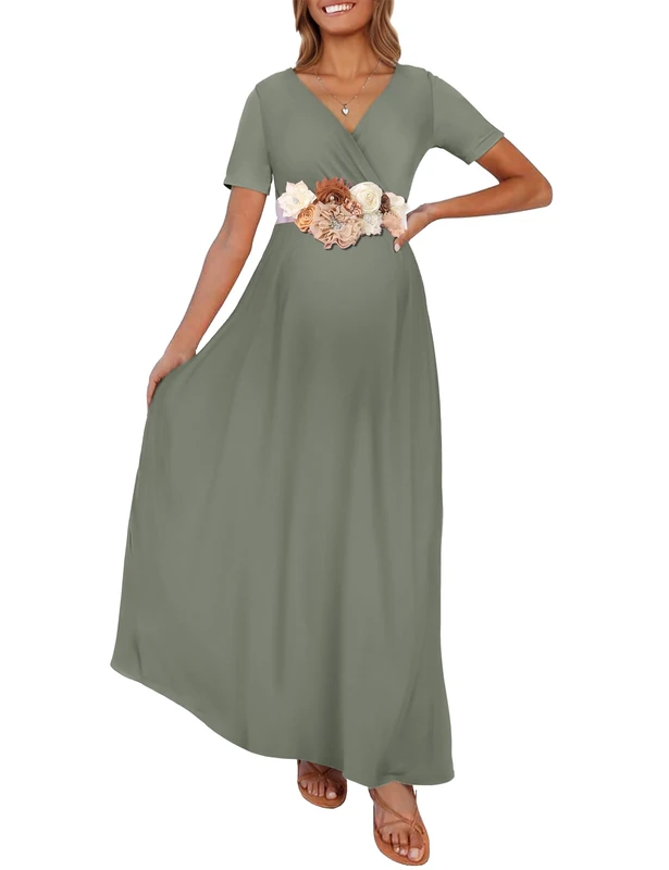 KIM S Maternity Maxi Dress with Flower Sash(S-3XL)/Wrapped Ruched V Neck Photoshoot Baby Shower Dresses, S. Ltolive, XL - Image 1