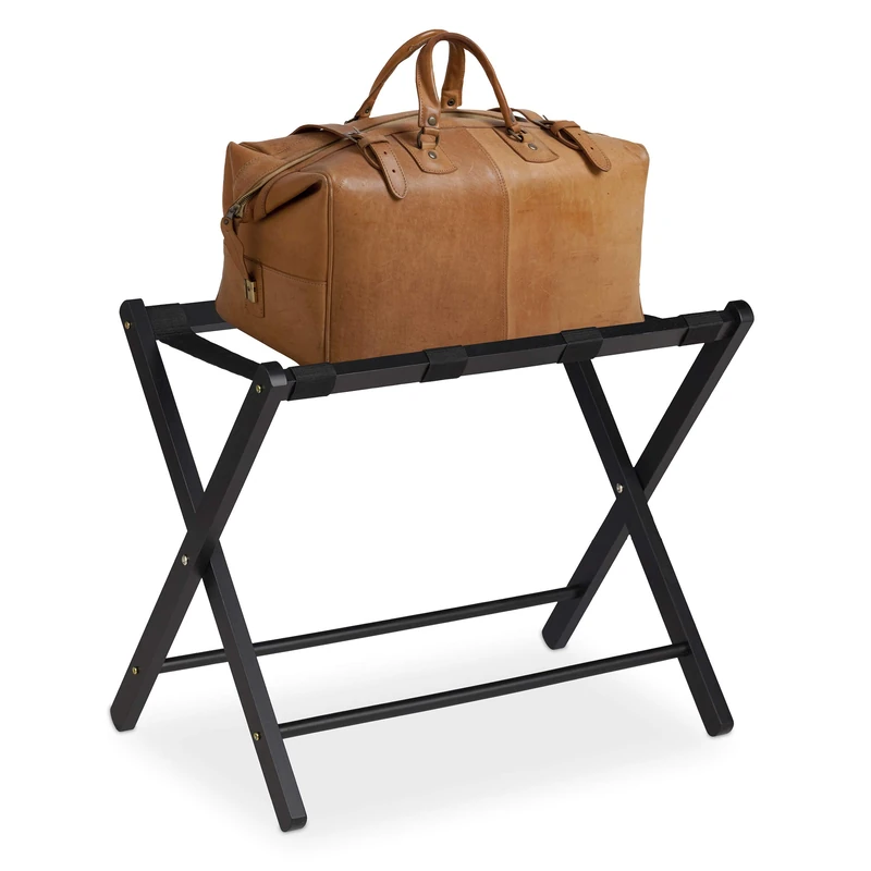 Relaxdays folding luggage rack, suitcase, 44 x 66 x 54.5 cm, wooden, valet stand for home & hotel, black, 80% wood 20% polyester, 1 piece