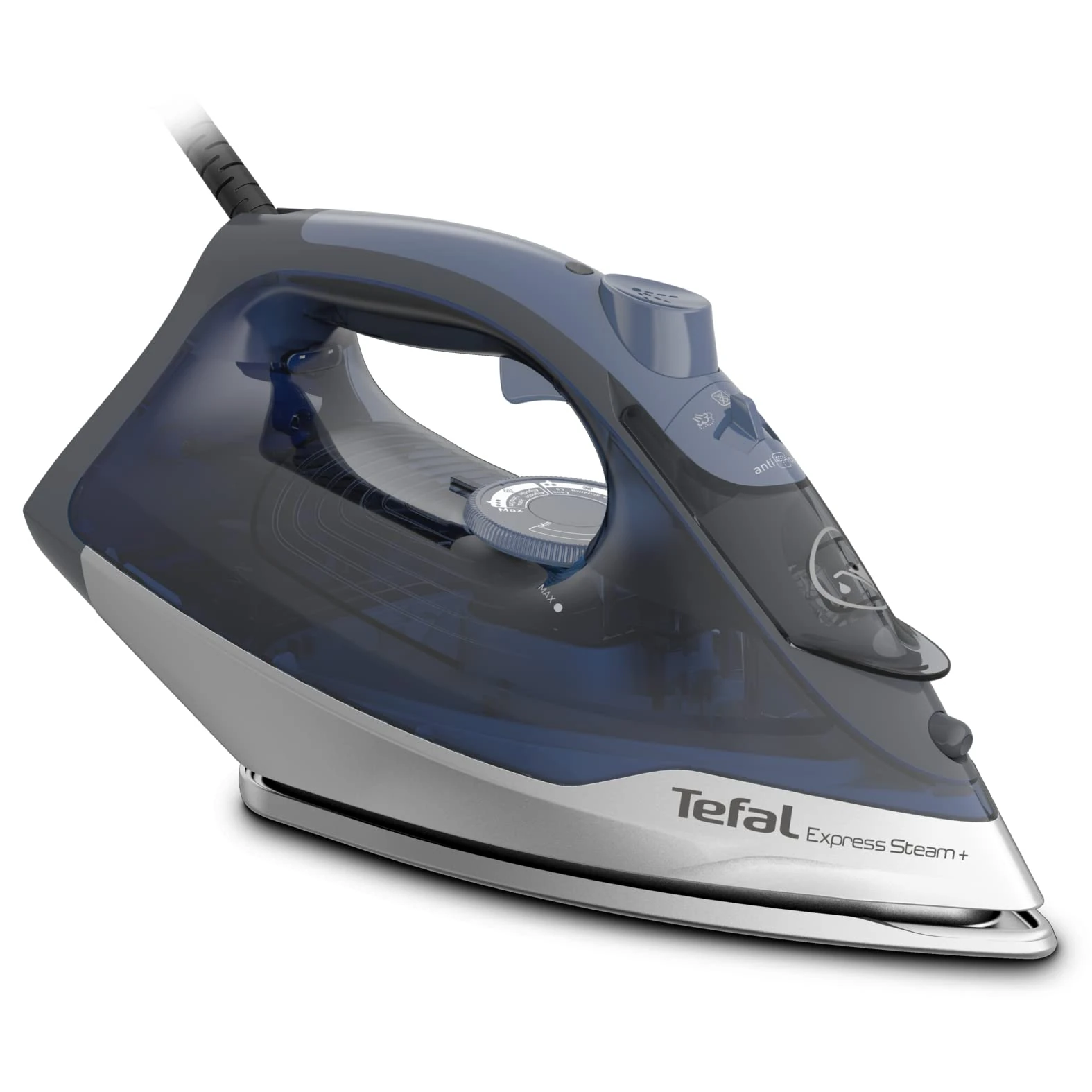 Tefal Express Steam, Steam Iron, 190 g/min Steam Boost, 45 g/min Continuous Steam, 270 ml Water Tank, 2600W Power, Non-Stick Durilium Airglide Soleplate, Auto Shut Off, Blue and Grey, FV2882