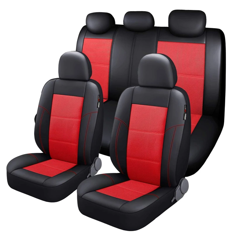 P&J AUTO Leather and Mesh Car Seat Cover Full Set in 9pcs Universal Fit for Cars Trucks Vans & SUVs Airbag Compatible (Red)