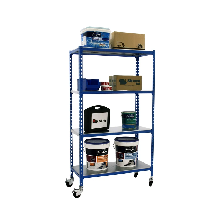 Simon Rack Garage Shelving Units with Wheels 1575x1000x400 mm, 4 Tier Steel Rack, 75 kg per Shelf, Blue/Galvanised - Simonclick
