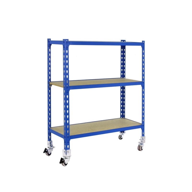 Simon Rack Garage Shelving Unit with Wheels 975x800x300 mm, 3 Tier Metal Rack with 16 mm MDF Shelves, 75 kg per Shelf, Blue/Wood – Maderclick