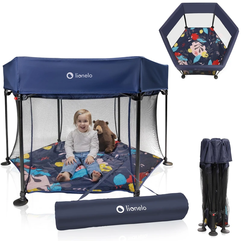 LIONELO Playpen & Travel Cot Roel Large Hexagonal Playard 134 × 118 × 83 cm with Mattress, Mesh Transparent Walls, Padded Frame, Portable, Foldable LockGuard Safety, for Toddlers 6 36 Months