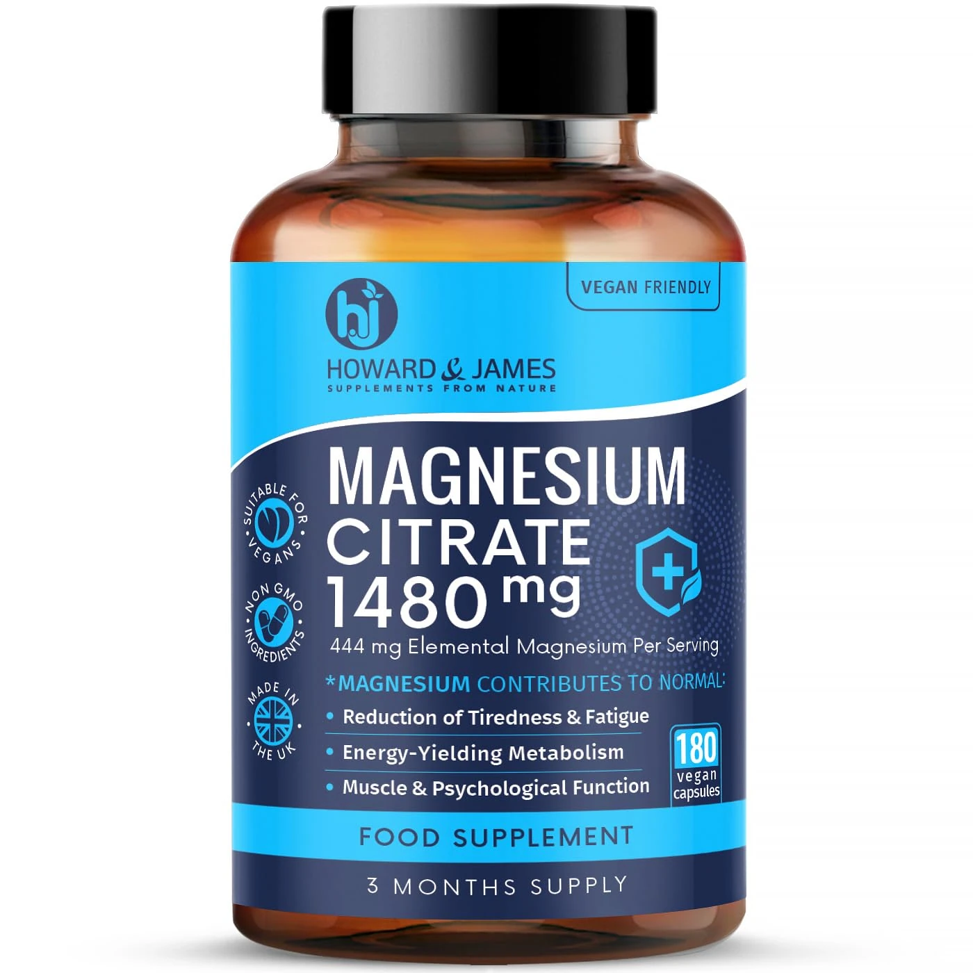 Magnesium Citrate 1480mg - 180 Vegan Capsules not Tablets - Providing 444mg Elemental Magnesium - 3 Month Supply - High Strength Supplements - Made in The UK by Howard & James