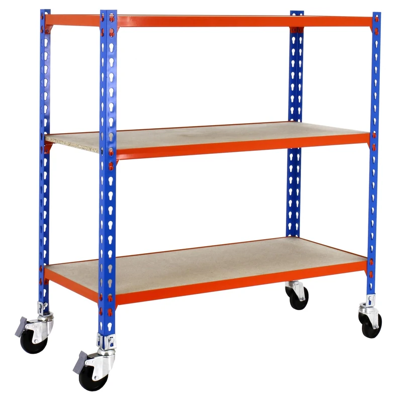 Simon Rack Garage Shelving Unit with Wheels 975x800x500 mm, 3 Tier Metal Rack with 16 mm MDF Shelves, 75 kg per Shelf, Blue/Orange/Wood – Maderclick