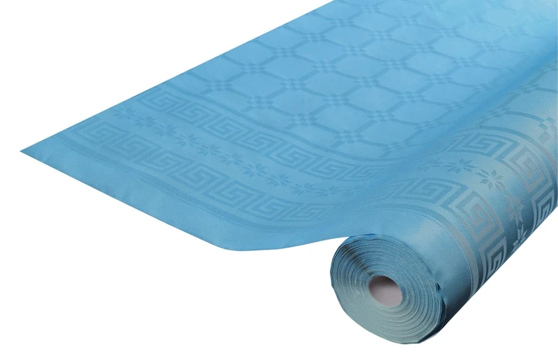 Disposable damask paper tablecloth in a roll 6 M long X 1.18 M wide - Damask paper with a chic and classic universal pattern - Box of 12 rolls - turquoise blue (pastel) - Image 1