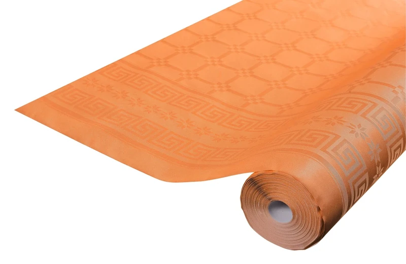 Damask paper disposable tablecloth in roll 6 M long X 1.18 M wide - Damask paper with a chic and classic universal pattern - Box of 12 rolls - orange (bright)