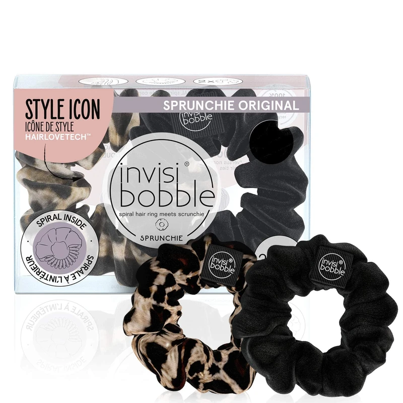 invisibobble Sprunchie Spiral Hair Ring - True Black and Purrfection- 2 Pack- Scrunchie Stylish Bracelet, Strong Elastic Grip Coil Accessories for Women - Gentle for Girls Teens and Thick Hair