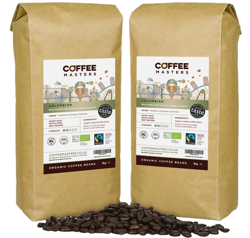 Coffee Masters Colombian Organic Coffee Beans 2kg (2x1kg) - Fairtrade Single Origin, 100% Arabica - Light Roasted Whole Bean, Ideal for Espresso Machines - Great Taste Award Winner