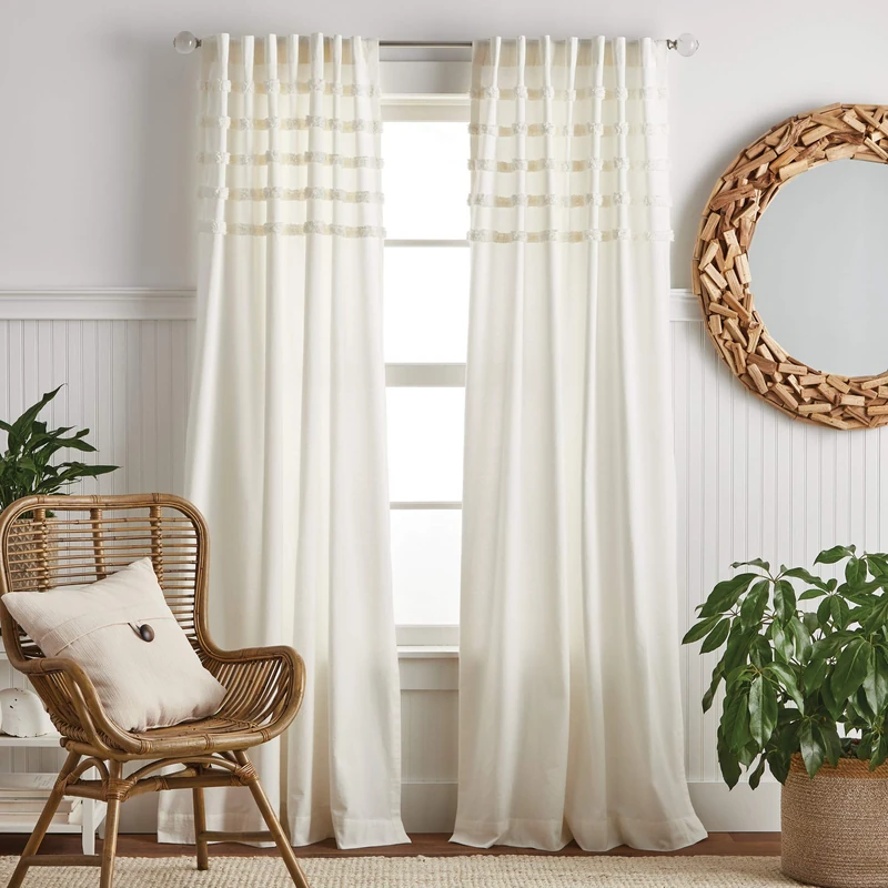Martha Stewart Water's Edge Tufted Rod Pocket/Back Tab Window Curtain Panel Pair, 84", White