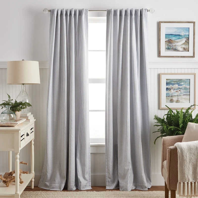 Martha Stewart Ticking Stripe Blackout Lining Rod Pocket/Back Tab Window Curtain Panel Pair, 84", White/Indigo
