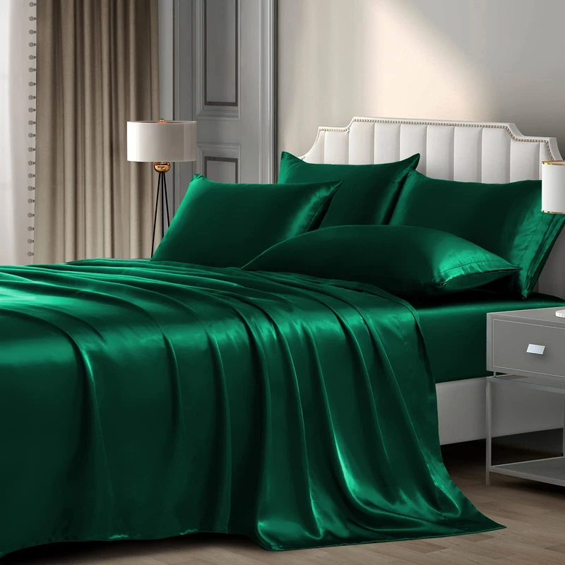 P Pothuiny 6 Pieces King Satin Sheets Luxury Silky Blackish Green Satin Bedding Sheet Set, 1 Deep Pocket Fitted Sheet + 1 Flat Sheet + 4 Pillow Cases