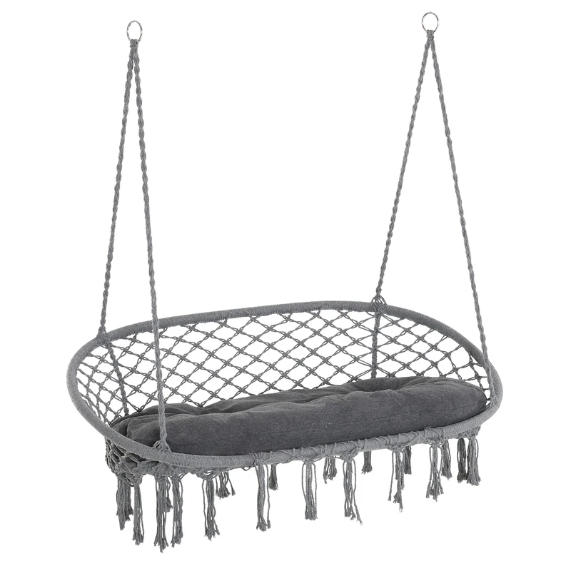 Outsunny 2-Seater Hanging Hammock Chair with Soft Cushion, Cotton-Polyester Blend Macrame Hanging Rope Chair with Metal Frame, for Patio, Garden, Balcony, Living Room, Dark Grey - Image 1