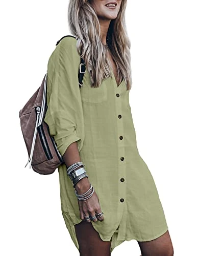 Women’s Swimsuit Cover up,Silky Button Down Shirt Midi Dress Kimono,Summer Bathing Suit Beach Coverups for Women (CP-Aline) - green - X-Small