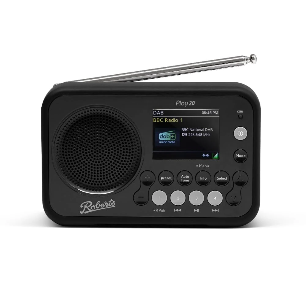 Roberts PLAY20 FM/DAB/DAB+ Digital Portable Radio, Rubber-Protected, Full Colour Screen, Black