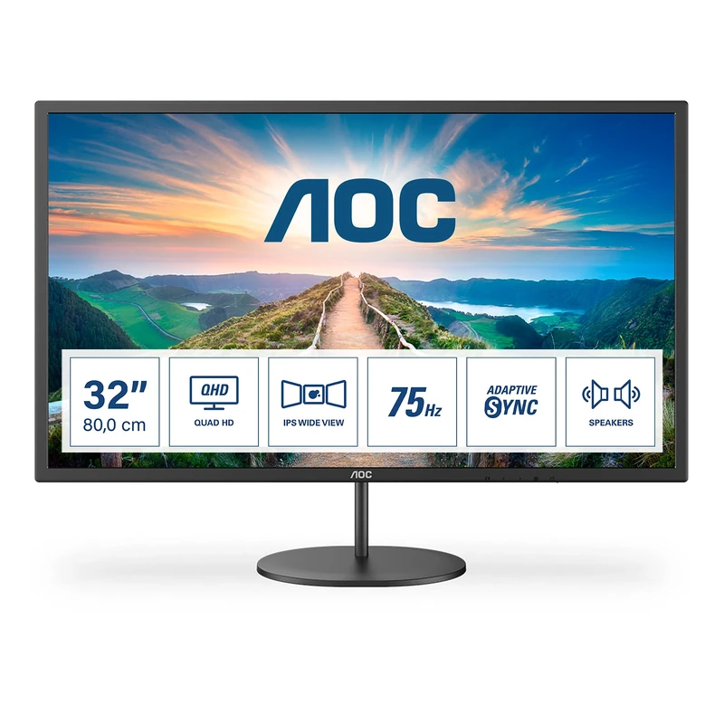 AOC Q32V4 - 32 inch QHD Monitor, 75Hz, 4ms, IPS, Adaptive Sync , speakers , FlickerFree (2560x1440@ 75Hz, 250 cd/m², HDMI 1.4 x 2, DisplayPort 1.2 x 1),BLACK