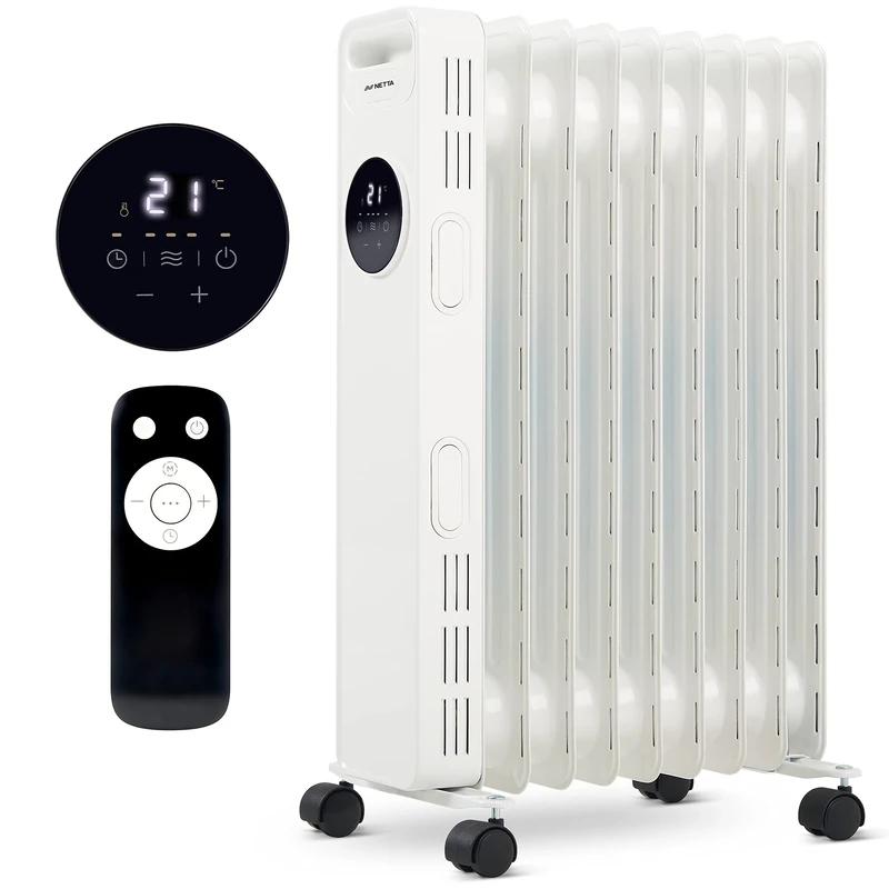 NETTA Oil Filled Radiator Heater 2000W with 24 Hour Timer, 3 Heat Settings, Remote Control, LED Digital Display, Overheating and Tip-Over Protection – 9 Fin, White