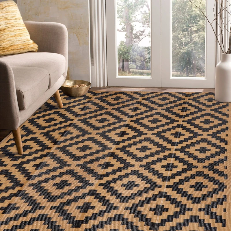 SAND MINE Reversible Mats, Plastic Straw Rug, Modern Area Rug, Large Floor Mat and Rug for Outdoors, RV, Patio, Backyard, Deck, Picnic, Beach, Trailer, Camping, Black & Brown, 5' x 8' - Image 1