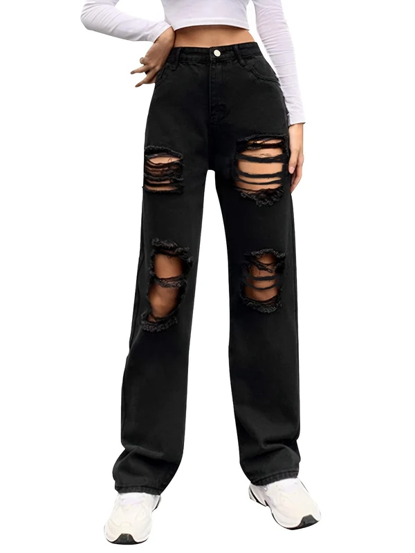 Genleck Women Loose Ripped Boyfriends Jeans High Waist Baggy Denim Pants Distressed Wide Leg Jeans Y2K, Black-1, Large