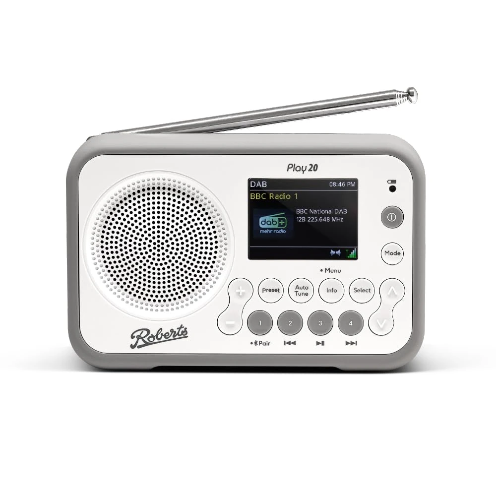 Roberts PLAY20 FM/DAB/DAB+ Digital Portable Radio, Rubber-Protected, Full Colour Screen, White