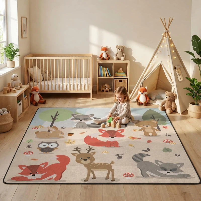 ALALAL Cartoon Forest Animals Area Rug, Cute Woodland Deer Rabbit Bear Fox Owl Bird Rugs for Nursery Children Kids Girls Room Playroom Living Room Home Decorative, 5'x7' (80 X 58 in) Pink
