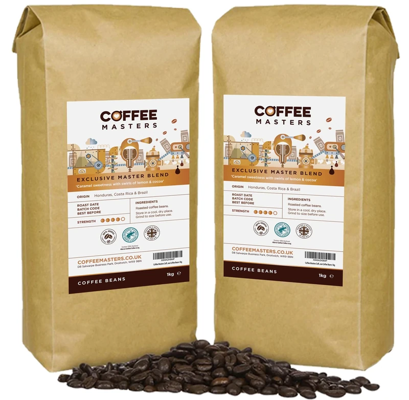 Coffee Masters Coffee Beans 2kg (2x1kg) - Exclusive Master Blend, 100% Arabica, Medium Dark Roasted Whole Bean, Ideal for Espresso Machines