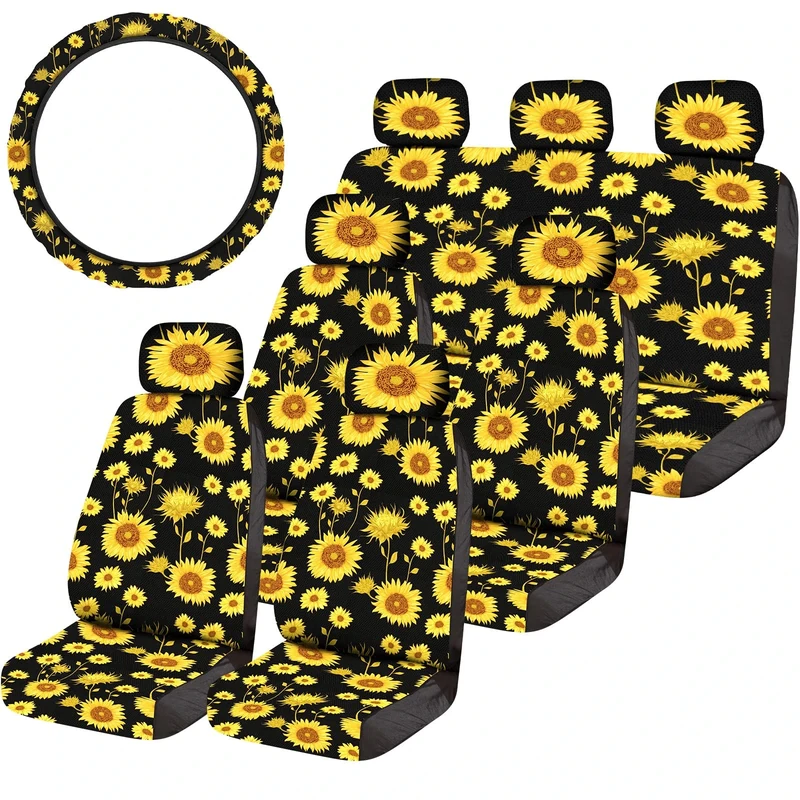 14 Pieces Sunflower Car Accessories Set with 13 Sunflower Seat Covers Steering Wheel Cover Front Cover Rear Back Bench Seat Covers Headrest Covers Auto Decoration for Most Car Auto Truck Van SUV