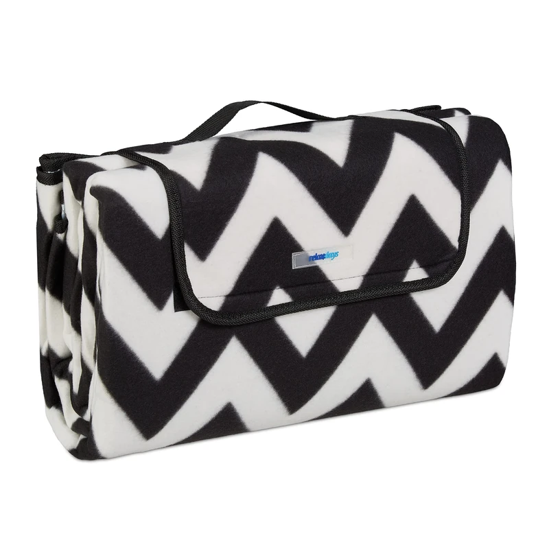 Relaxdays XXL Picnic Blanket, 200 x 200 cm, Fleece Beach Blanket, Heat-Insulated, Waterproof, with Carry Handle, Black/White