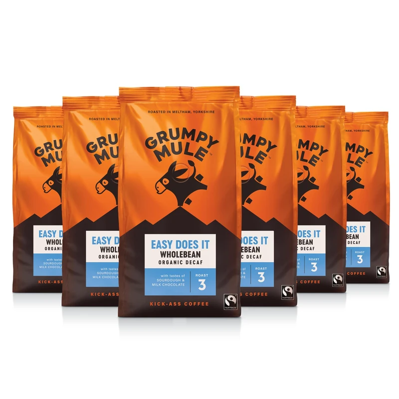 Grumpy Mule Easy Does It Swiss Water Organic (Decaf Coffee Beans) with notes of Milk Chocolate 200g (Pack of 6 - Total 1.2kg)