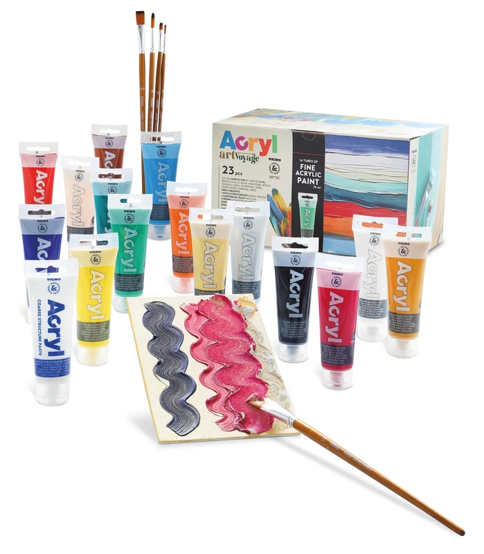 PRIMO Morocolor, Mega Box Acryl 15 acrylic colors, 1 coarse-grained structuring paste x 75 ml, 2 canvas cards, 5 synthetic brushes, ideal for decorative acrylic painting technique - Image 1