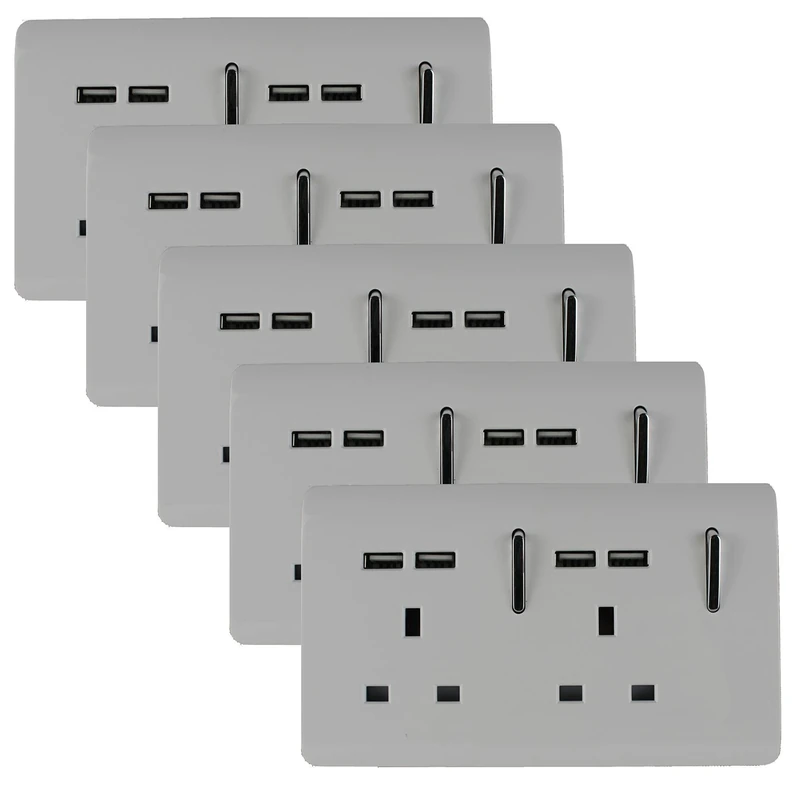 Trendi 2 Gang Artistic Modern Glossy 13 Amp Short USB Switched Plug Socket White (5 Pack)