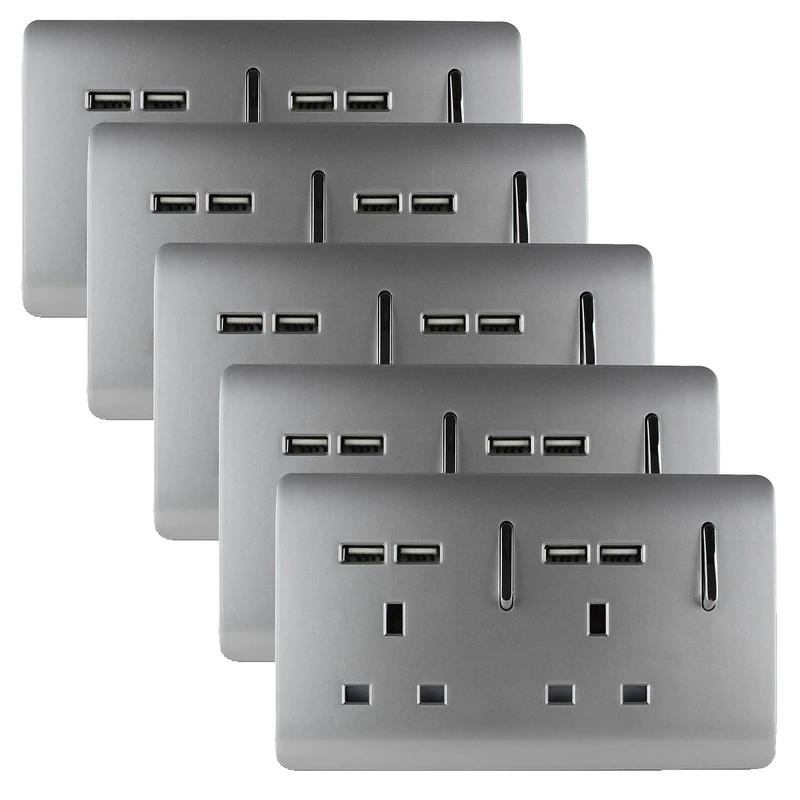 Trendi 2 Gang Artistic Modern Glossy 13 Amp Short USB Switched Plug Socket Silver (5 Pack)
