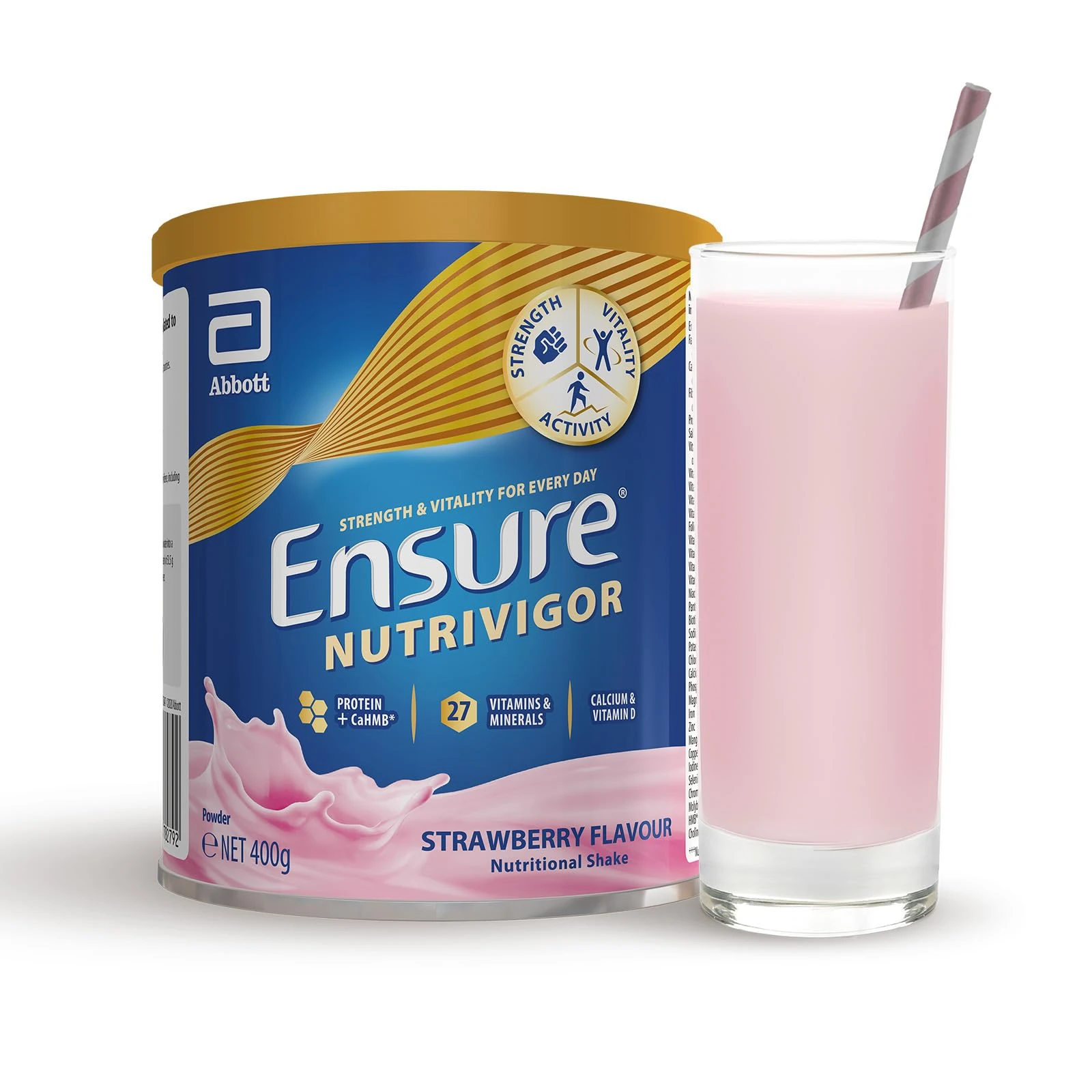 Ensure NutriVigor Nutritional Shake – Strawberry Flavour – 400g – Food Supplement with Protein, HMB & 27 Vitamins & Minerals – Supports Strength, Energy & Immunity – With Vitamin D, C & B