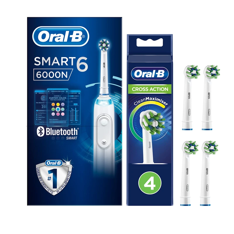 Oral-B Smart 6 6000N CrossAction Electric Toothbrush, 1 White App Connected Handle, 5 Modes, Pressure Sensor + Oral-B CrossAction Toothbrush Head with CleanMaximiser Technology, Pack of 4 Counts