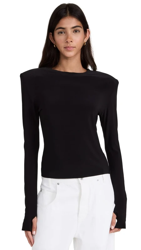 Norma Kamali Women's Shoulder Pad Long Sleeve Crew Top, Black, S - Image 1