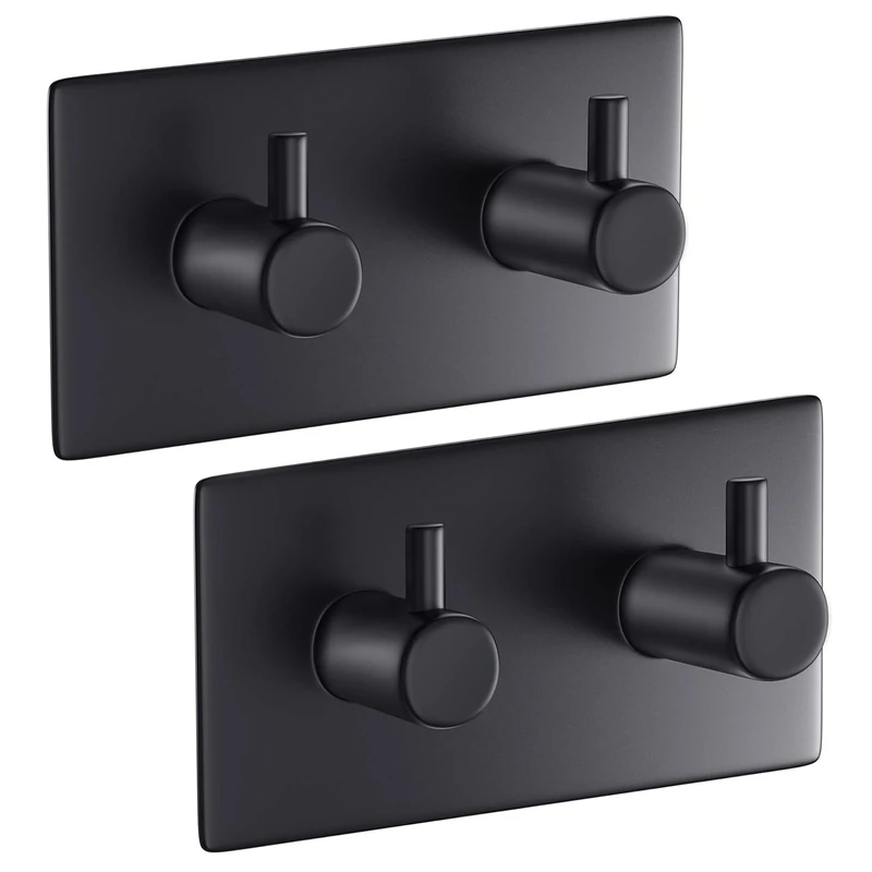 Aikzik 2 Pack Self Adhesive Hooks, Stainless Steel Sticky Hook Heavy Duty, Over 10kg Load - Hooks for Hanging for Towel, Coat, Key, Stick on Bathroom, Kitchen, Door and Wall, Black
