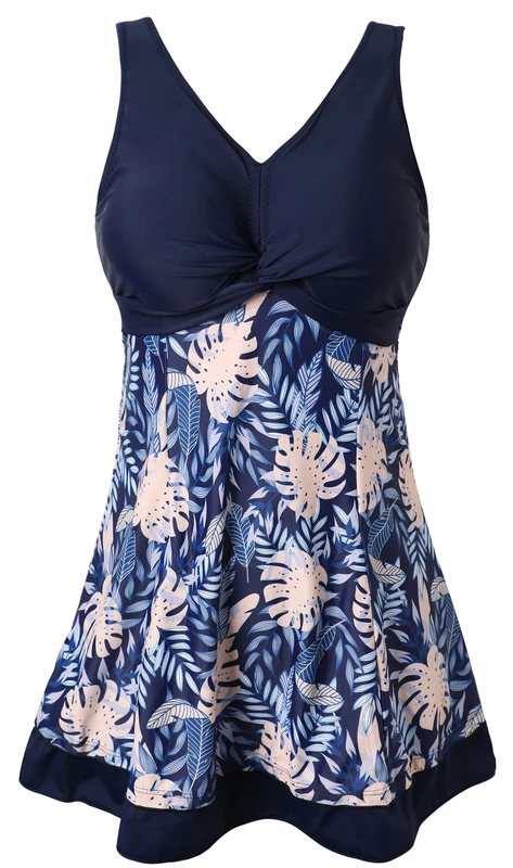 ECUPPER Womens One Piece Swimsuit Plus Size Swimwear Floral Printed Swimming Costume with Skirt Navy Leaf S