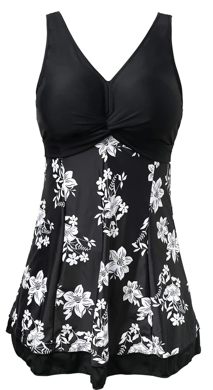 ECUPPER Womens One Piece Swimsuit Plus Size Swimwear Floral Printed Swimming Costume with Skirt White Flower S