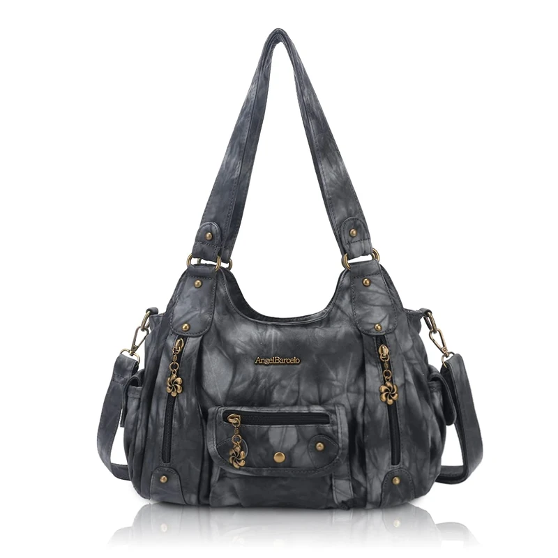 Angel Barcelo Womens Purses and Handbags PU Leather Shoulder Bag Fashion Hobo Bags for Girls, Black Grey, One Size