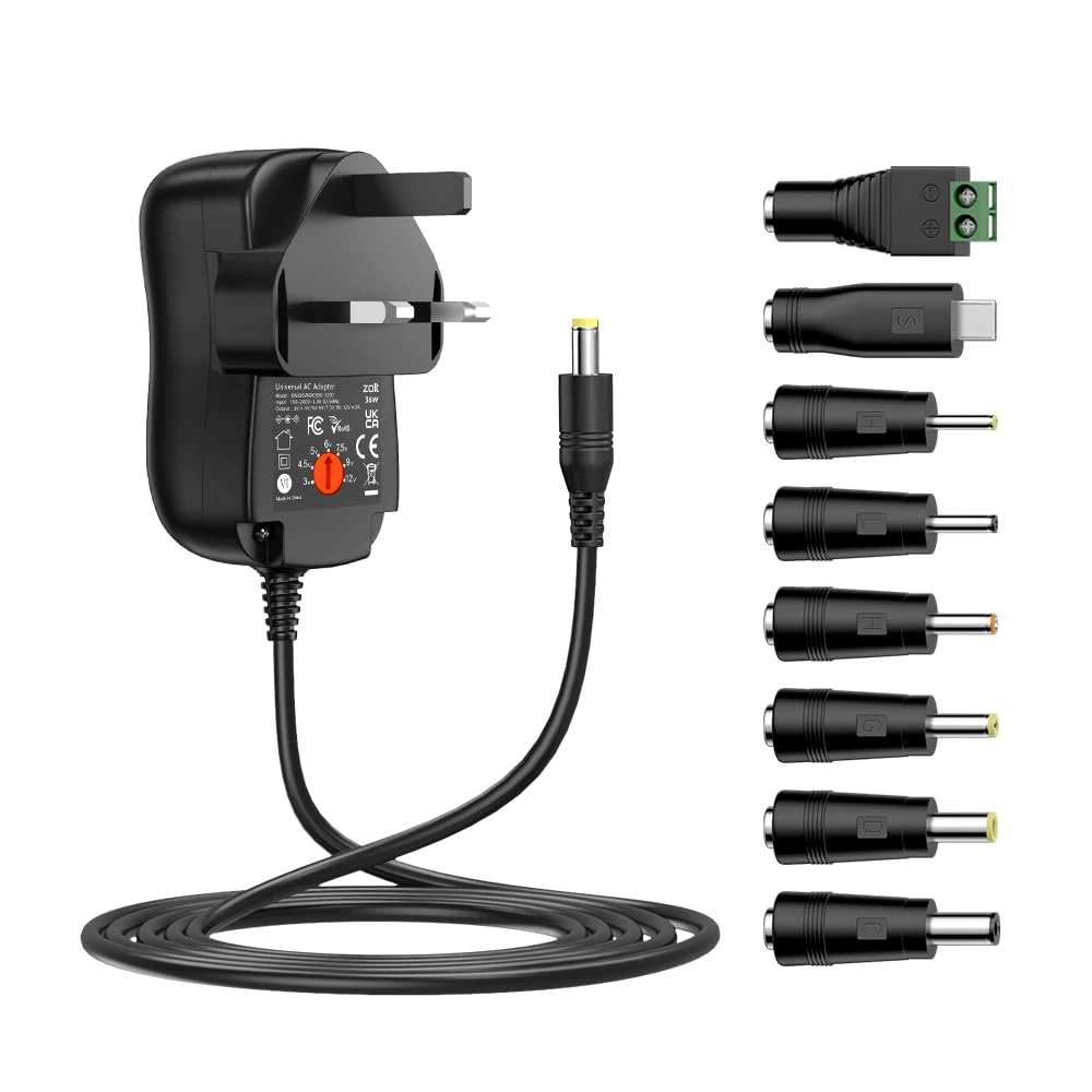 Zolt 36W Universal Power Adapter AC DC 3V 4.5V 5V 6V 7.5V 9V 12V Power Supply with 8 DC Plugs for Household Electronics, 3000mA Max